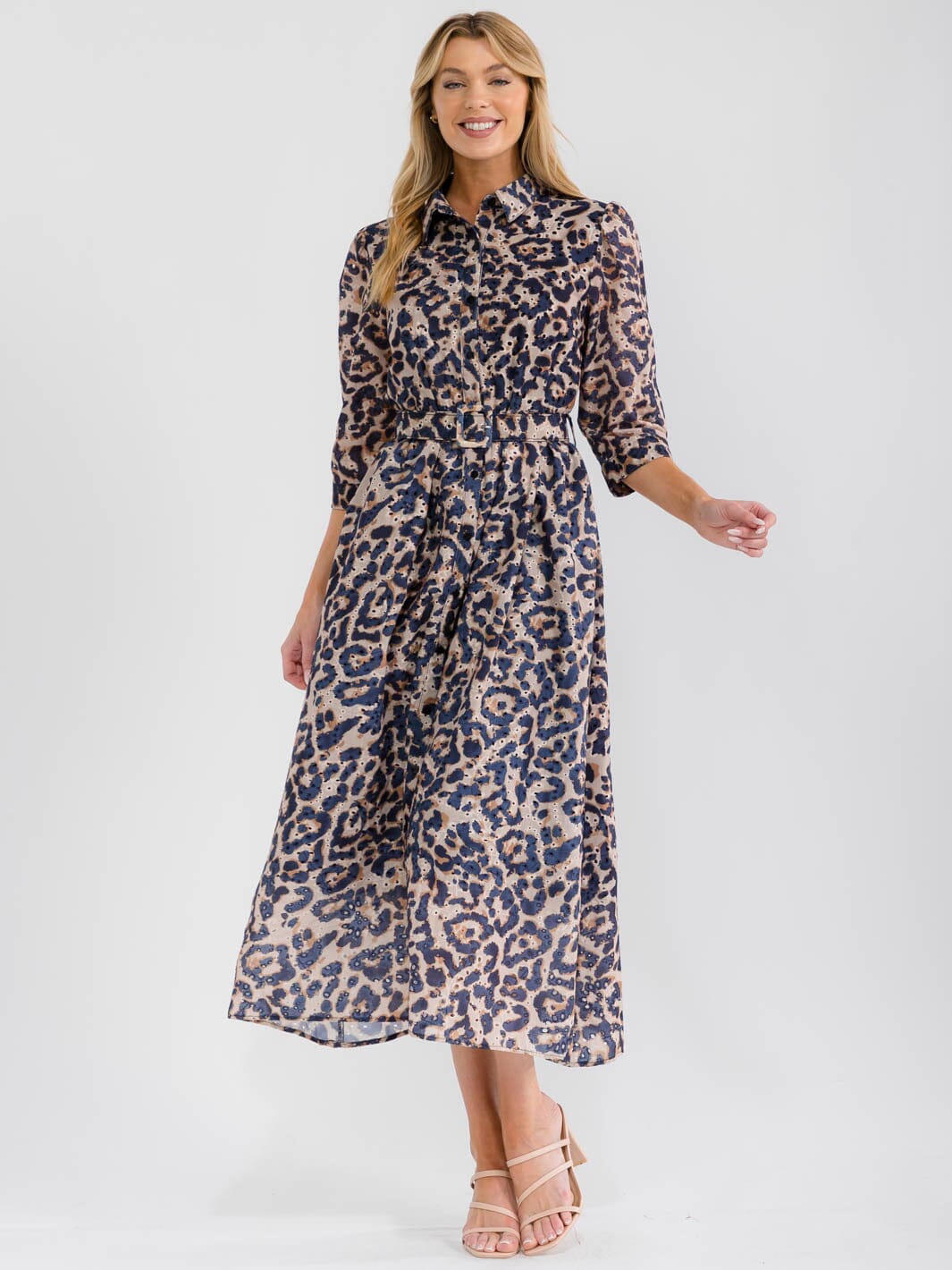 WOMEN'S 3/4 SLEEVES BUTTON UP BELTED ANIMAL PRINT PRINT EYELET MAXI DRESS