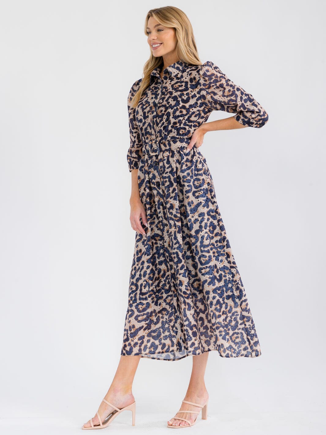 WOMEN'S 3/4 SLEEVES BUTTON UP BELTED ANIMAL PRINT PRINT EYELET MAXI DRESS