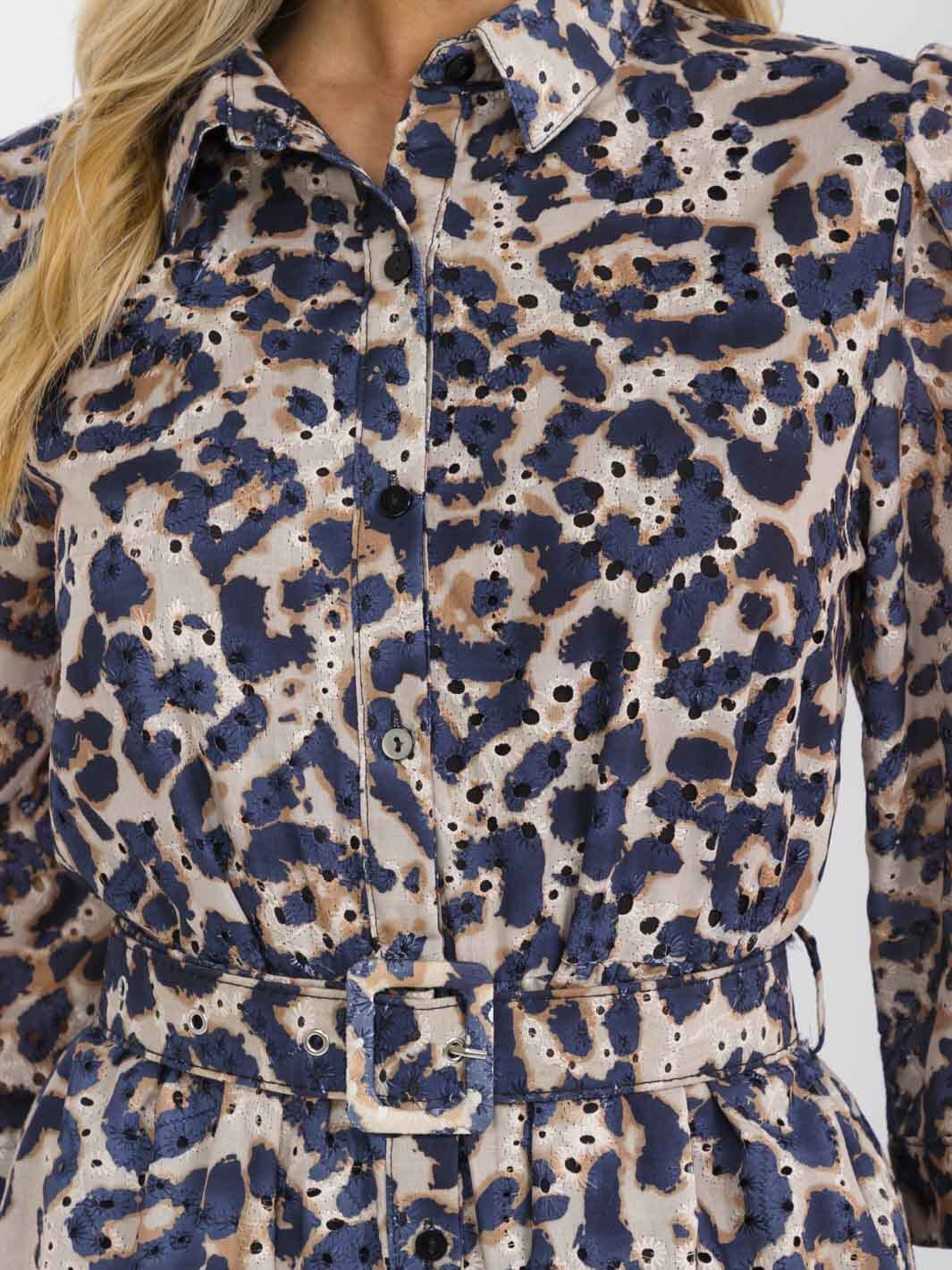 WOMEN'S 3/4 SLEEVES BUTTON UP BELTED ANIMAL PRINT PRINT EYELET MAXI DRESS