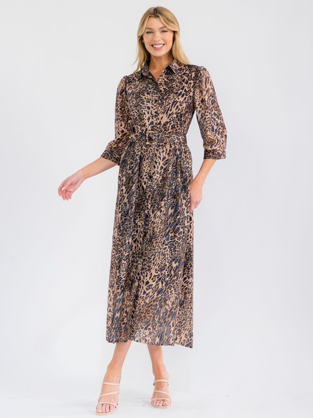 WOMEN'S 3/4 SLEEVES BUTTON UP BELTED ANIMAL PRINT PRINT EYELET MAXI DRESS