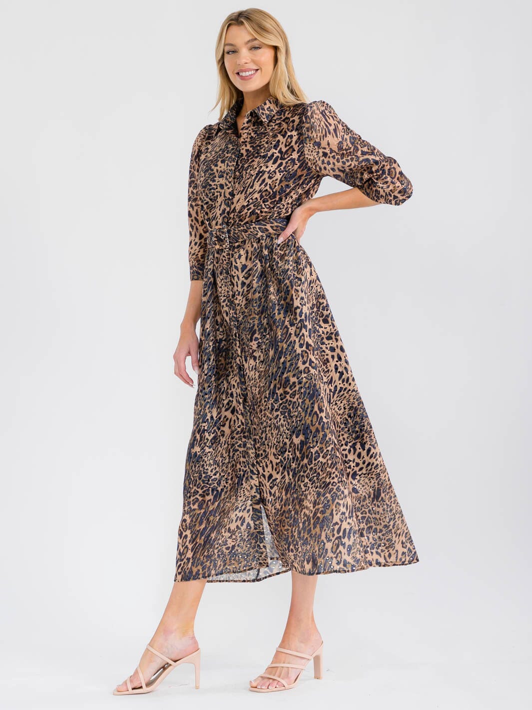 WOMEN'S 3/4 SLEEVES BUTTON UP BELTED ANIMAL PRINT PRINT EYELET MAXI DRESS
