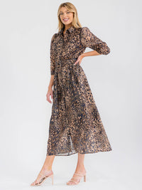 WOMEN'S 3/4 SLEEVES BUTTON UP BELTED ANIMAL PRINT PRINT EYELET MAXI DRESS