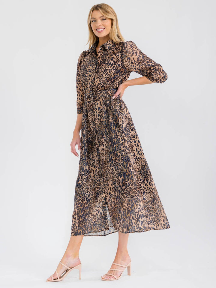 WOMEN'S 3/4 SLEEVES BUTTON UP BELTED ANIMAL PRINT PRINT EYELET MAXI DRESS