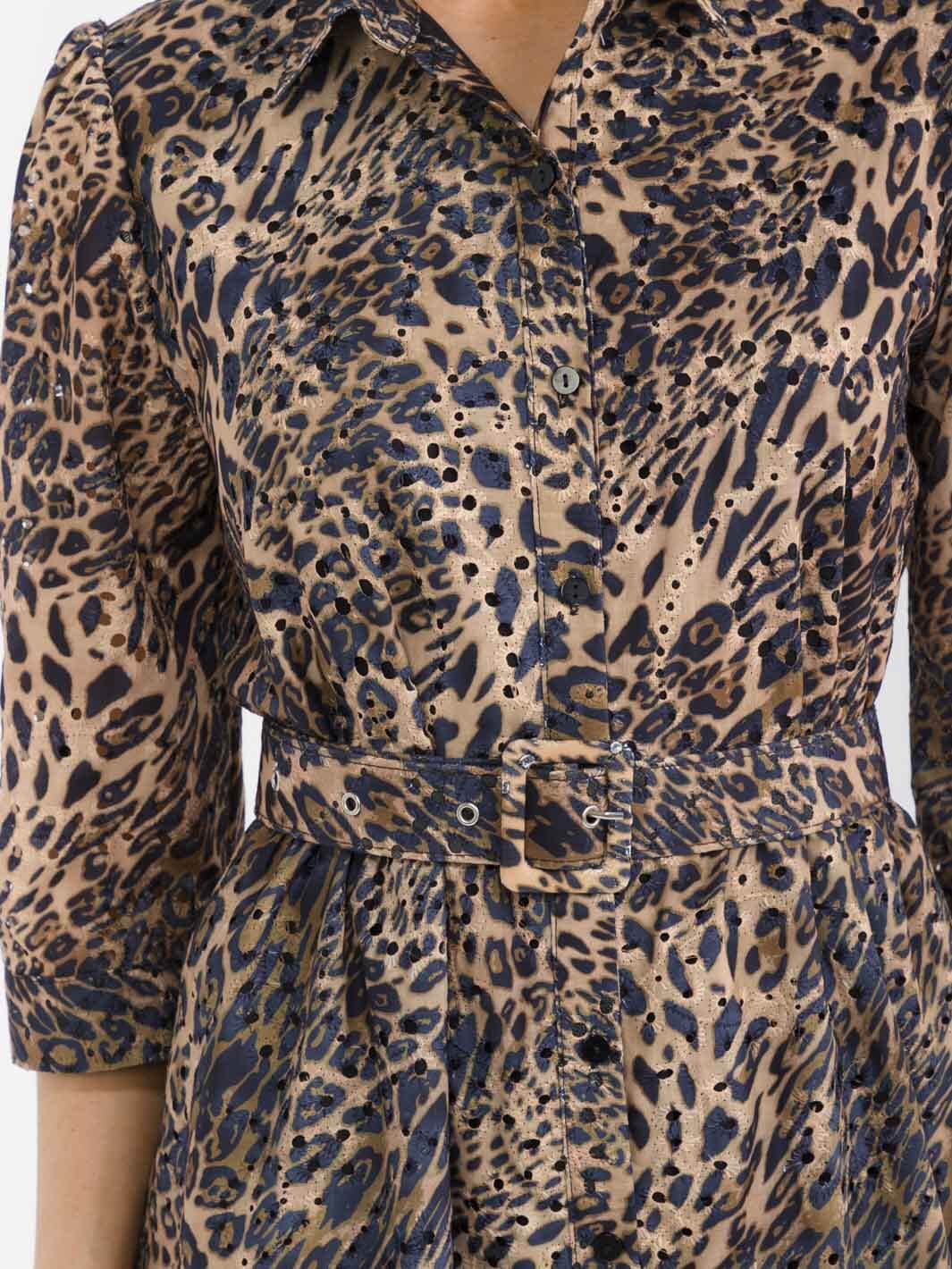 WOMEN'S 3/4 SLEEVES BUTTON UP BELTED ANIMAL PRINT PRINT EYELET MAXI DRESS