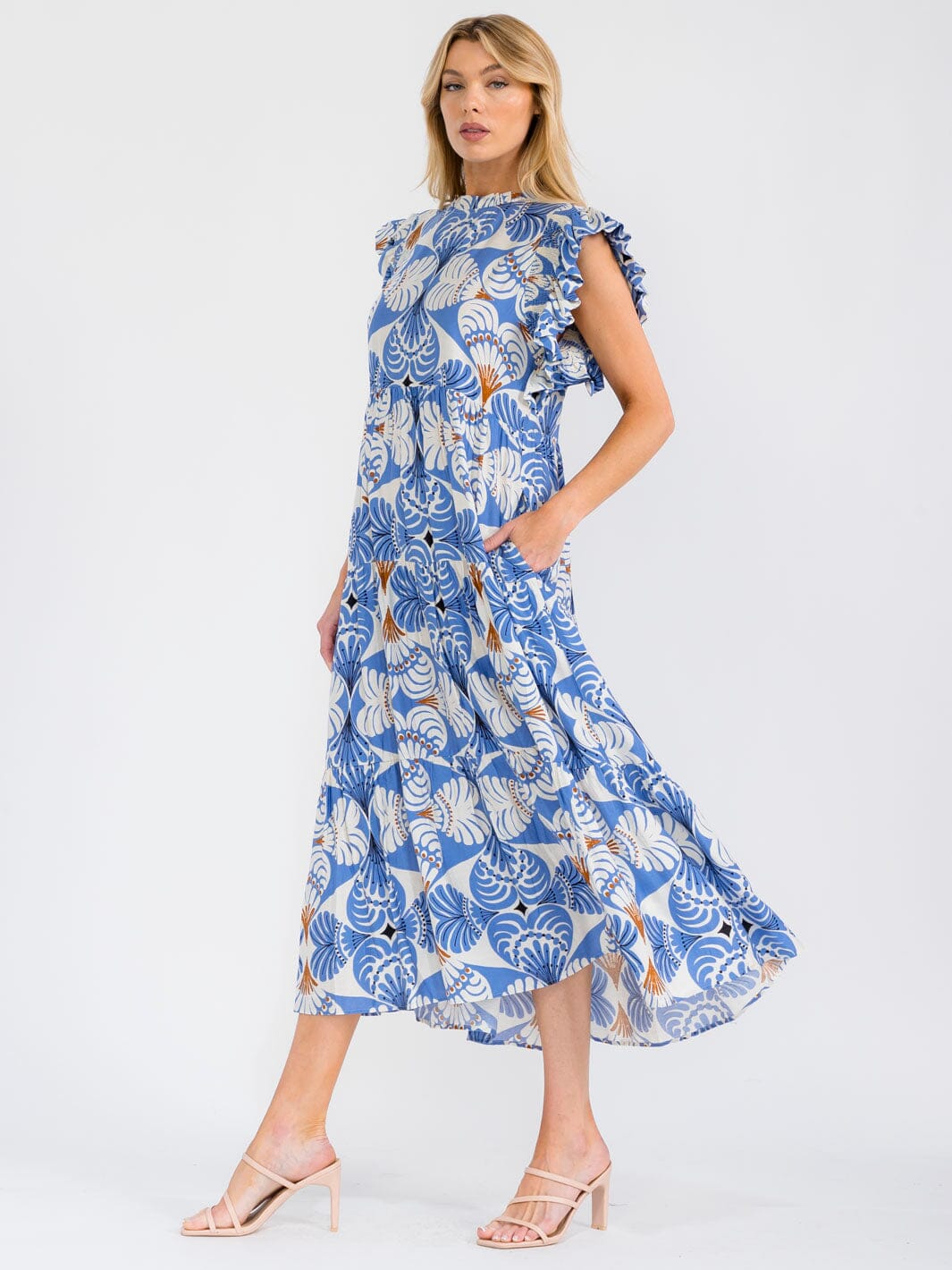 WOMEN'S RUFFLE SLEEVE MOCK NECK FRONT POCKETS MULTI PRINT MAXI DRESS