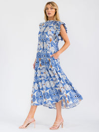 WOMEN'S RUFFLE SLEEVE MOCK NECK FRONT POCKETS MULTI PRINT MAXI DRESS
