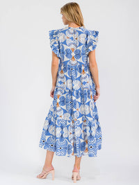 WOMEN'S RUFFLE SLEEVE MOCK NECK FRONT POCKETS MULTI PRINT MAXI DRESS