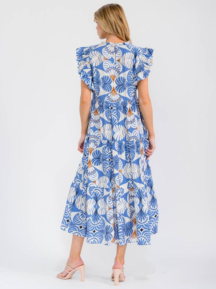 WOMEN'S RUFFLE SLEEVE MOCK NECK FRONT POCKETS MULTI PRINT MAXI DRESS
