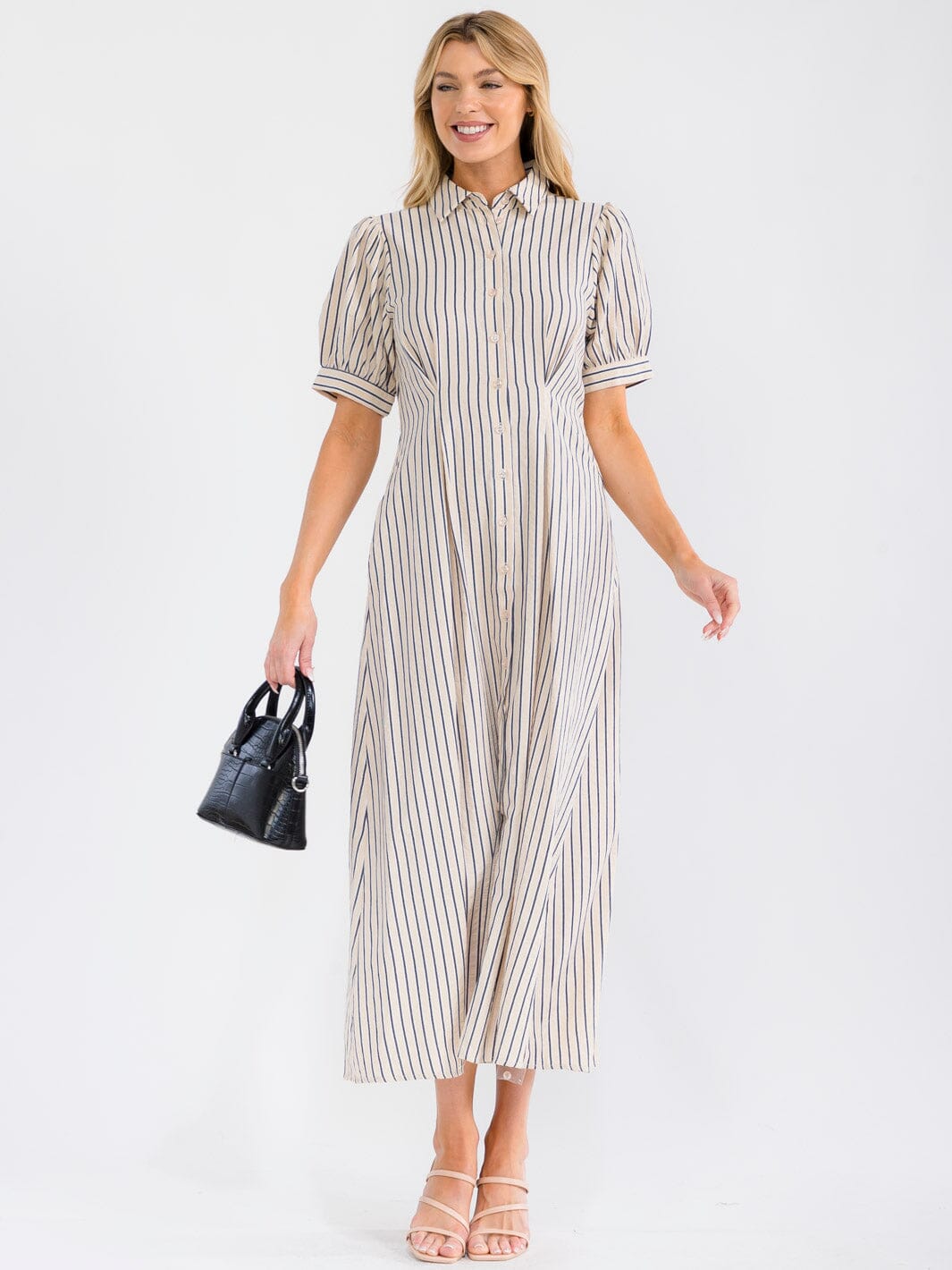 WOMEN'S SHORT SLEEVE BUTTON UP FRONT POCKETS COLORBLOCK STRIPES MAXI DRESS