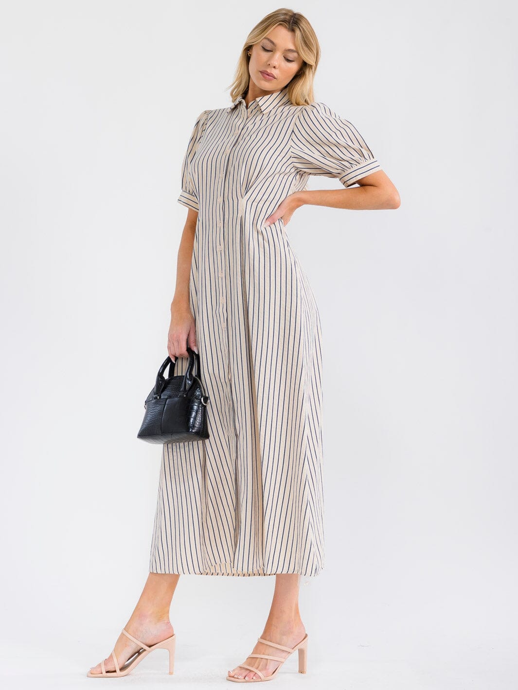 WOMEN'S SHORT SLEEVE BUTTON UP FRONT POCKETS COLORBLOCK STRIPES MAXI DRESS