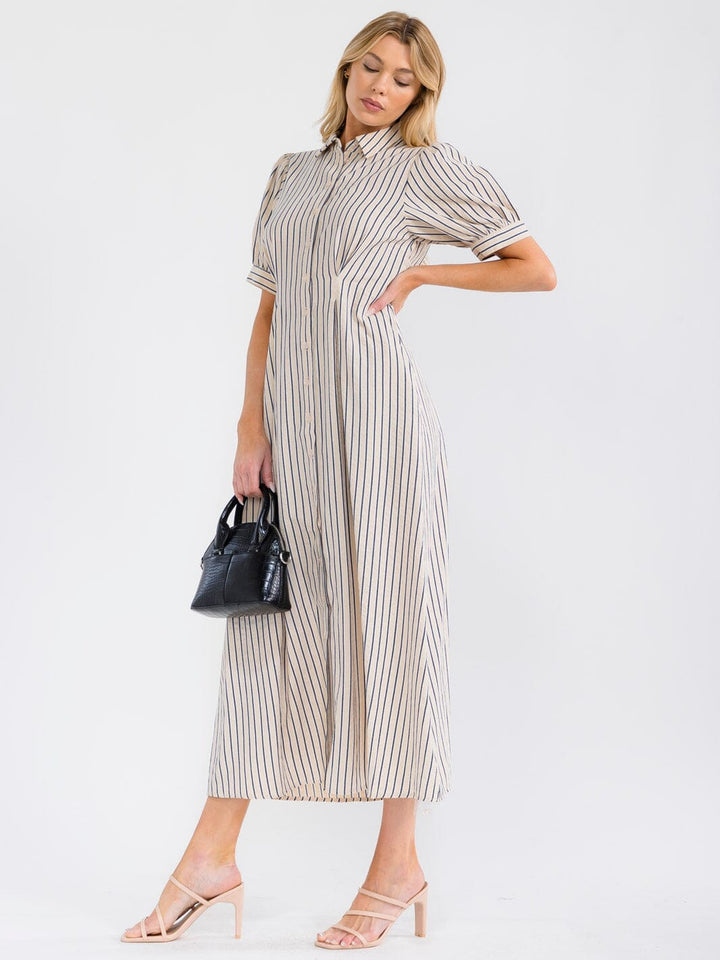 WOMEN'S SHORT SLEEVE BUTTON UP FRONT POCKETS COLORBLOCK STRIPES MAXI DRESS