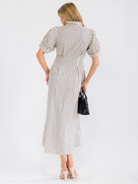WOMEN'S SHORT SLEEVE BUTTON UP FRONT POCKETS COLORBLOCK STRIPES MAXI DRESS