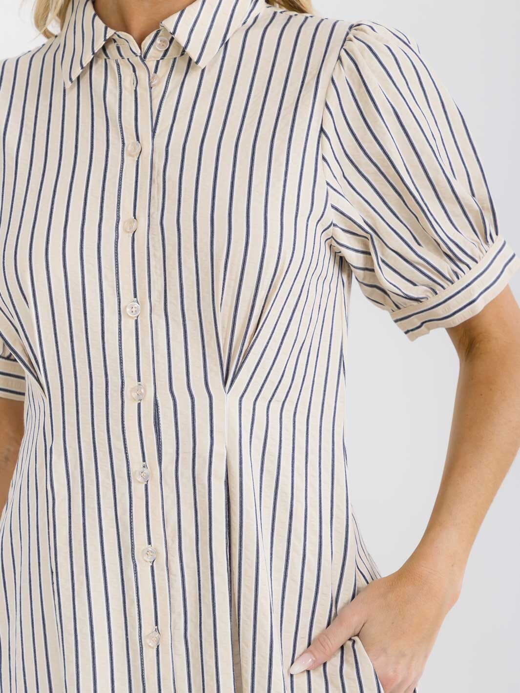 WOMEN'S SHORT SLEEVE BUTTON UP FRONT POCKETS COLORBLOCK STRIPES MAXI DRESS