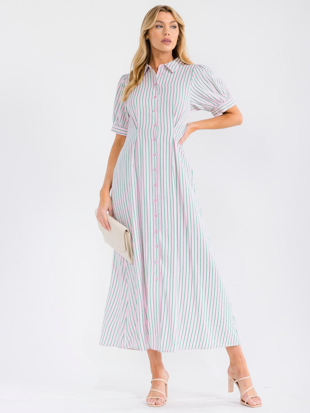WOMEN'S SHORT SLEEVE BUTTON UP FRONT POCKETS COLORBLOCK STRIPES MAXI DRESS