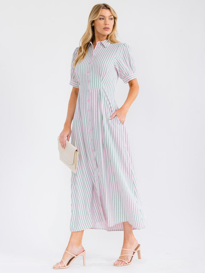 WOMEN'S SHORT SLEEVE BUTTON UP FRONT POCKETS COLORBLOCK STRIPES MAXI DRESS