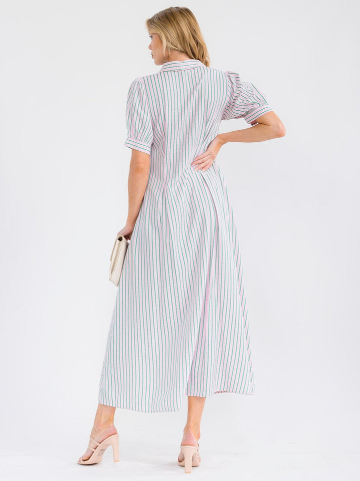 WOMEN'S SHORT SLEEVE BUTTON UP FRONT POCKETS COLORBLOCK STRIPES MAXI DRESS