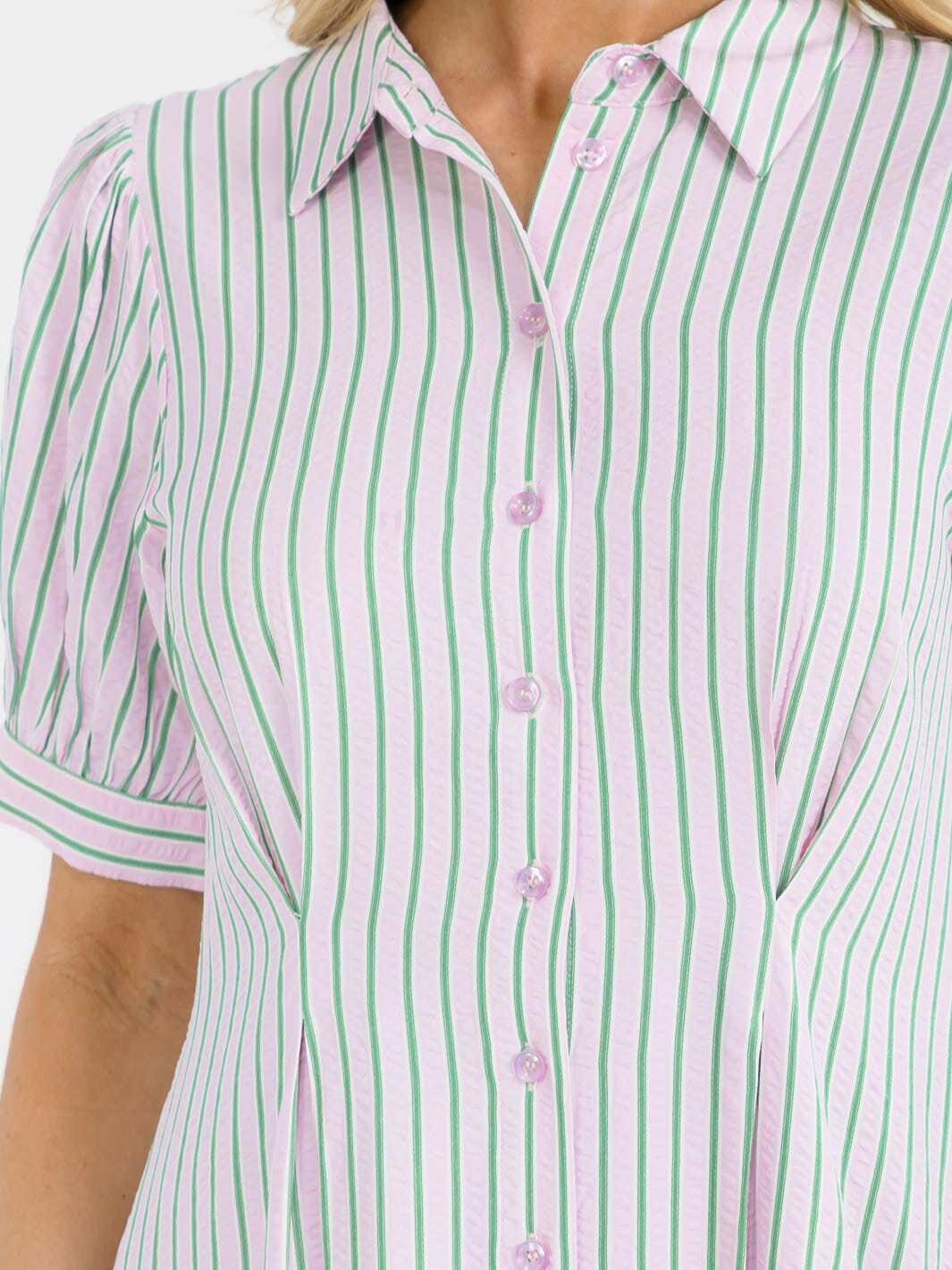 WOMEN'S SHORT SLEEVE BUTTON UP FRONT POCKETS COLORBLOCK STRIPES MAXI DRESS