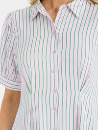 WOMEN'S SHORT SLEEVE BUTTON UP FRONT POCKETS COLORBLOCK STRIPES MAXI DRESS
