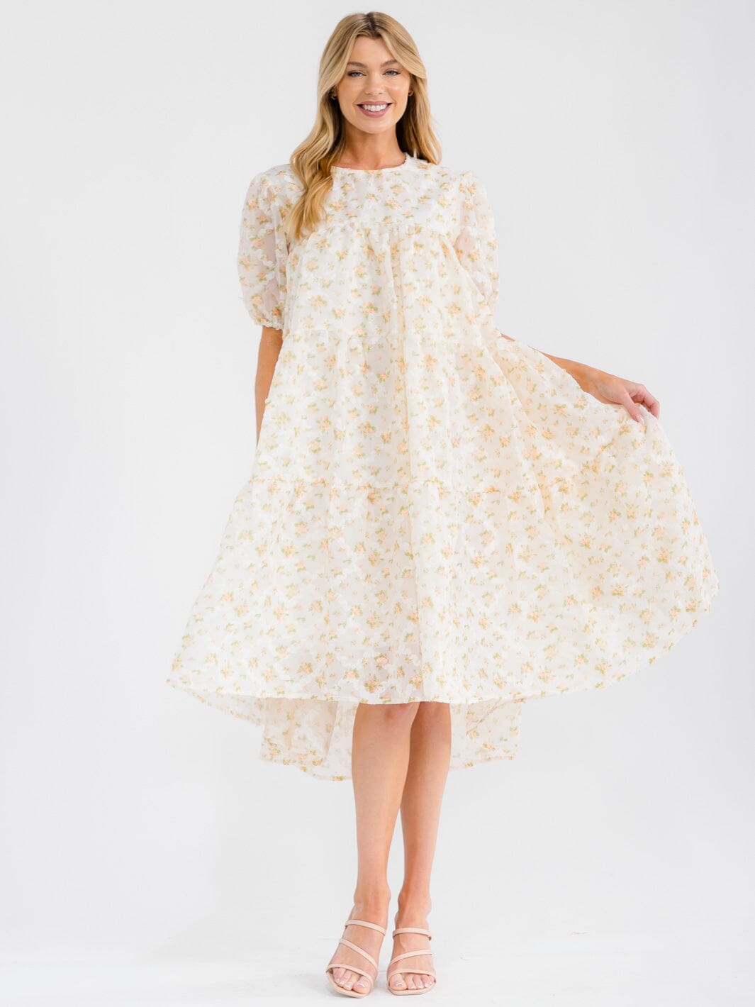 WOMEN'S SHORT SLEEVE HIGH-LOW TIERED TUNIC FLORAL MIDI DRESS