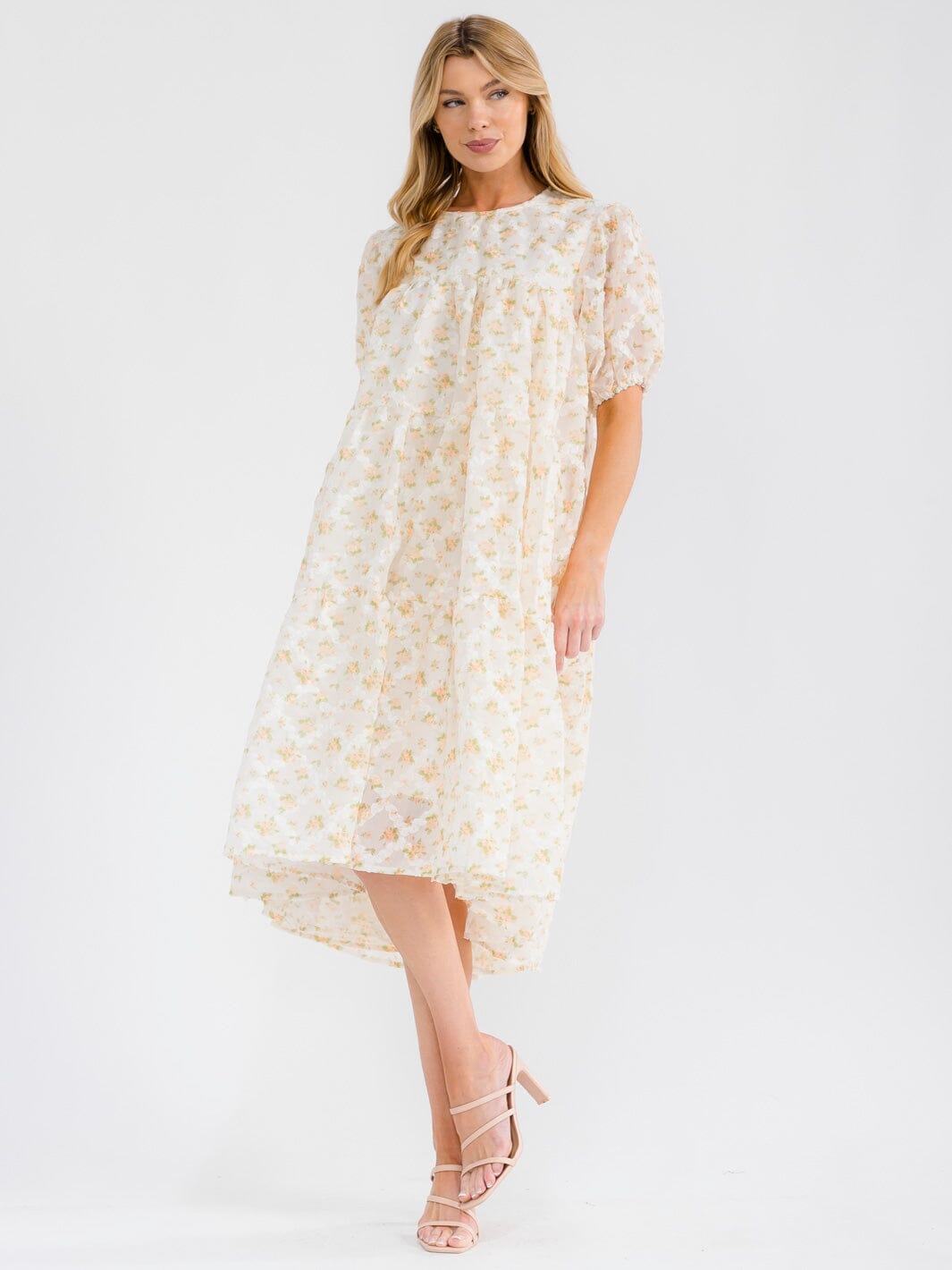 WOMEN'S SHORT SLEEVE HIGH-LOW TIERED TUNIC FLORAL MIDI DRESS