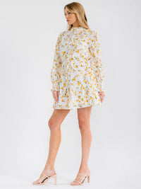 WOMEN'S LONG SLEEVE BUTTON UP MOCK NECK SELF TIE EYELET FLORAL MINI DRESS