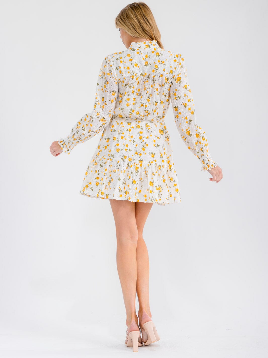 WOMEN'S LONG SLEEVE BUTTON UP MOCK NECK SELF TIE EYELET FLORAL MINI DRESS