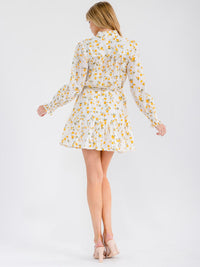 WOMEN'S LONG SLEEVE BUTTON UP MOCK NECK SELF TIE EYELET FLORAL MINI DRESS