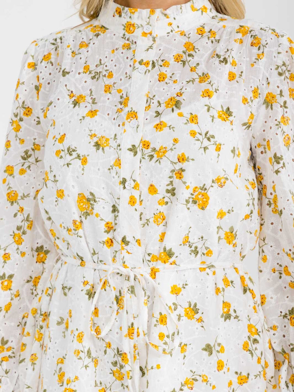 WOMEN'S LONG SLEEVE BUTTON UP MOCK NECK SELF TIE EYELET FLORAL MINI DRESS
