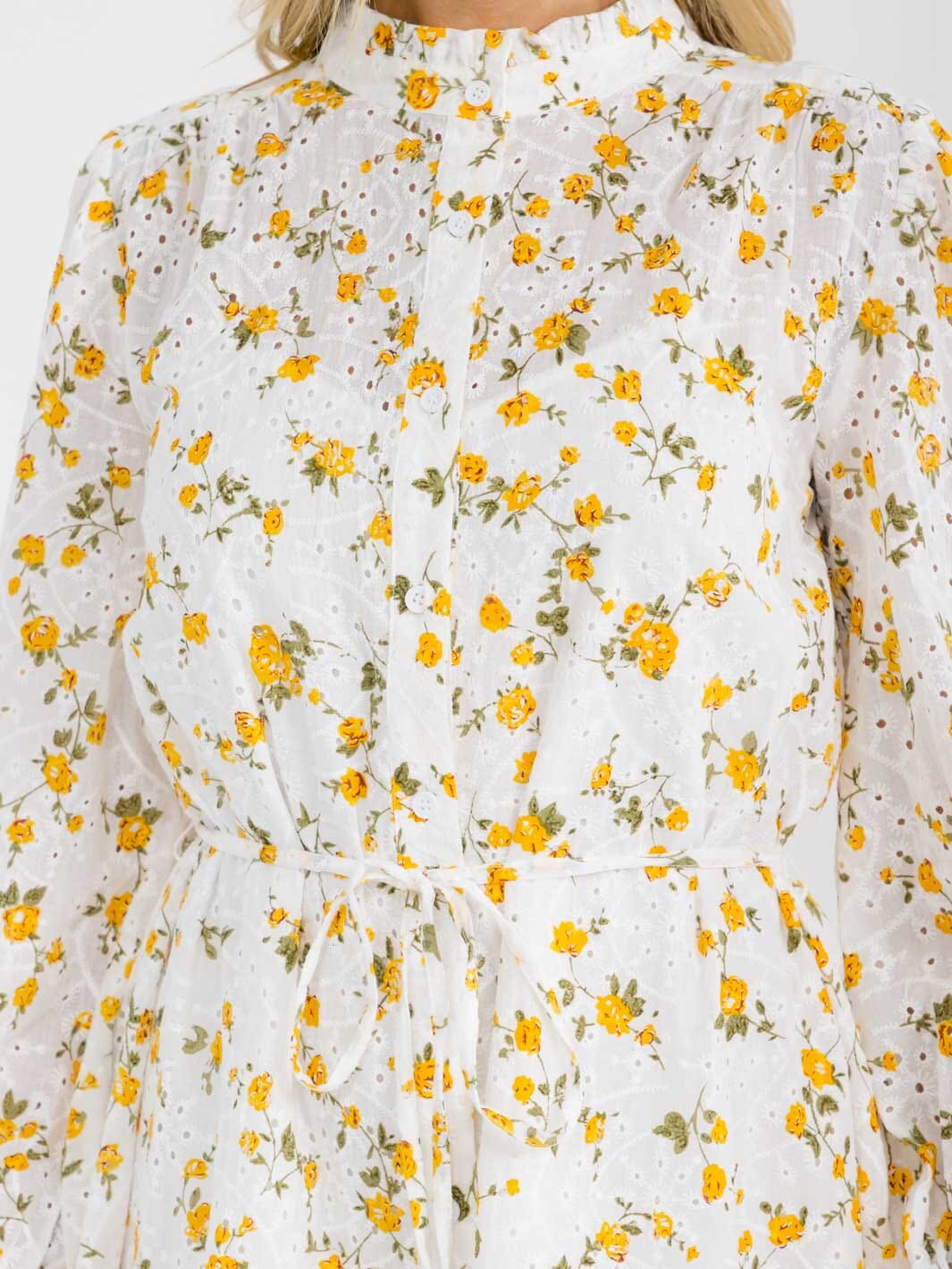 WOMEN'S LONG SLEEVE BUTTON UP MOCK NECK SELF TIE EYELET FLORAL MINI DRESS
