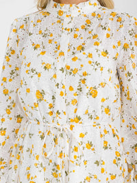 WOMEN'S LONG SLEEVE BUTTON UP MOCK NECK SELF TIE EYELET FLORAL MINI DRESS