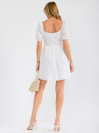 WOMEN'S SHORT PUFF SLEEVE SQUARE NECK CROCHET EYELET DETAILED MINI DRESS