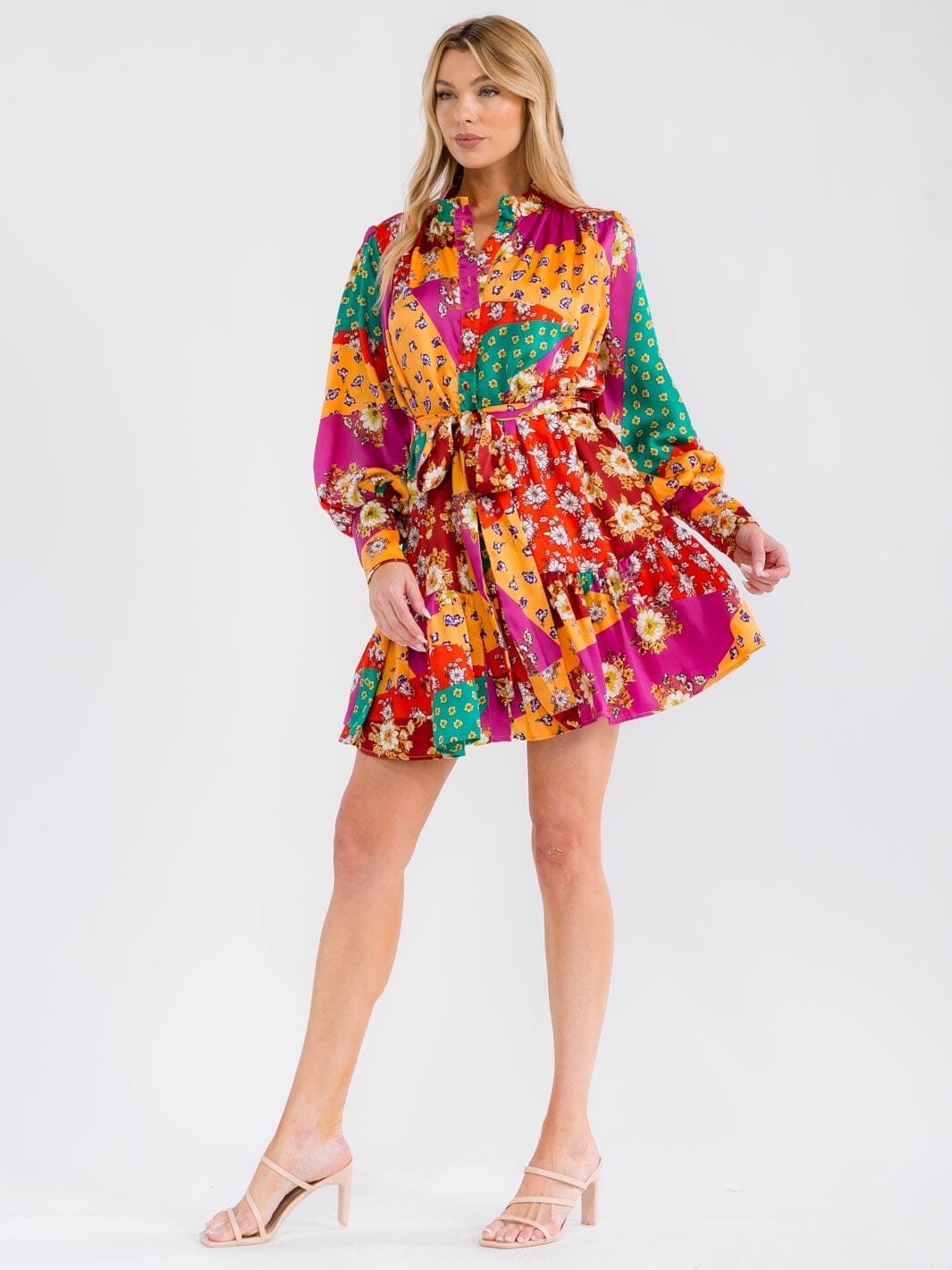 WOMEN'S LONG SLEEVE BUTTON UP SELF TIE MULTI PRINT MINI DRESS