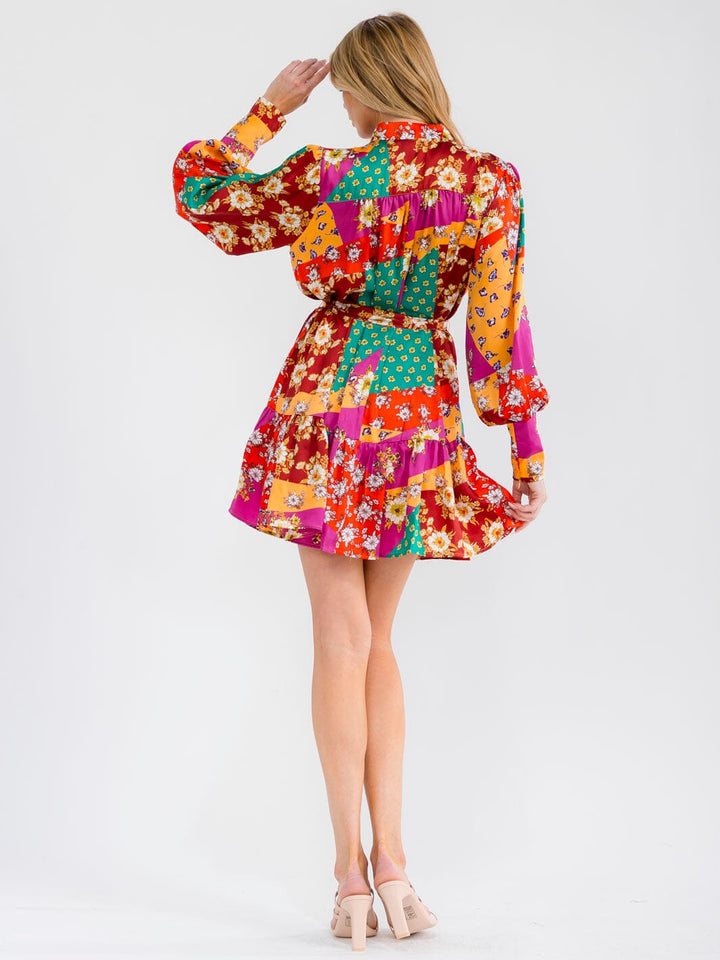 WOMEN'S LONG SLEEVE BUTTON UP SELF TIE MULTI PRINT MINI DRESS