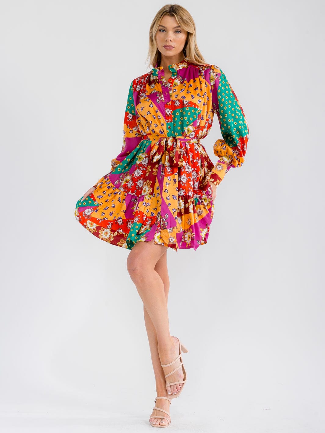 WOMEN'S LONG SLEEVE BUTTON UP SELF TIE MULTI PRINT MINI DRESS