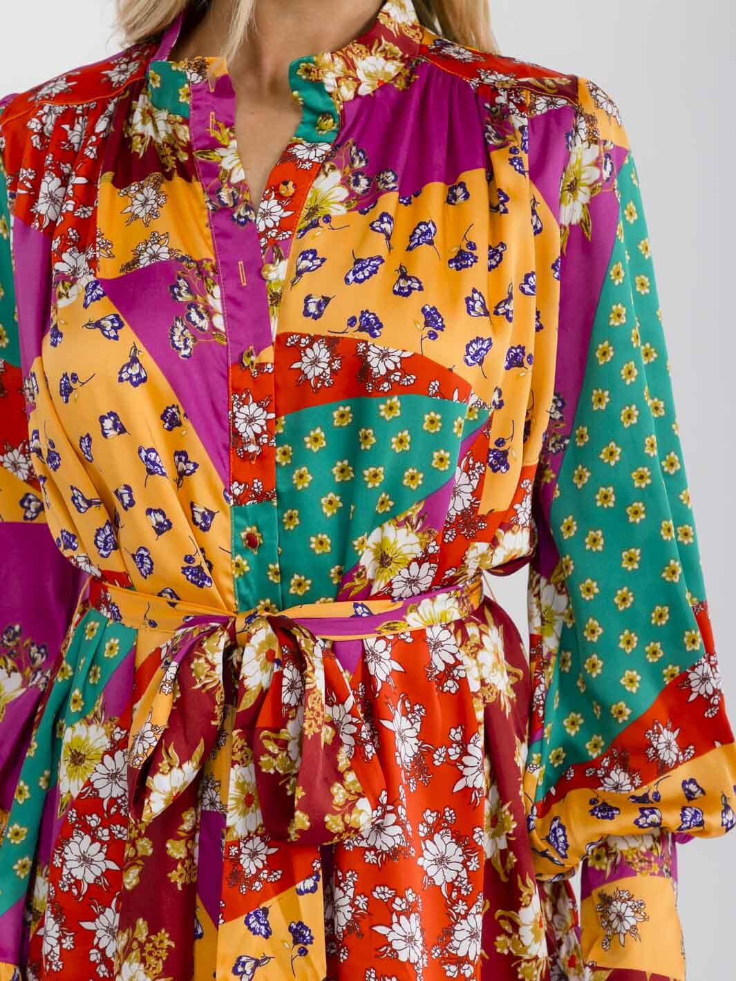 WOMEN'S LONG SLEEVE BUTTON UP SELF TIE MULTI PRINT MINI DRESS