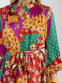 WOMEN'S LONG SLEEVE BUTTON UP SELF TIE MULTI PRINT MINI DRESS