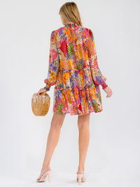 WOMEN'S LONG SLEEVE SMOCK NECK MULTI PRINT MINI DRESS