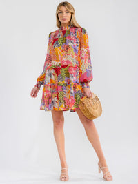 WOMEN'S LONG SLEEVE SMOCK NECK MULTI PRINT MINI DRESS