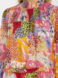 WOMEN'S LONG SLEEVE SMOCK NECK MULTI PRINT MINI DRESS