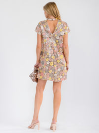 WOMEN'S SHORT SLEEVE MOCK NECK SEQUINS FLORAL TUNIC MINI DRESS
