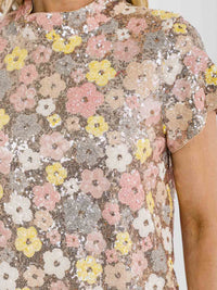 WOMEN'S SHORT SLEEVE MOCK NECK SEQUINS FLORAL TUNIC MINI DRESS