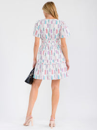 WOMEN'S SHORT SLEEVE BUTTON CLOSURE ELASTIC WAIST PRINT MINI DRESS