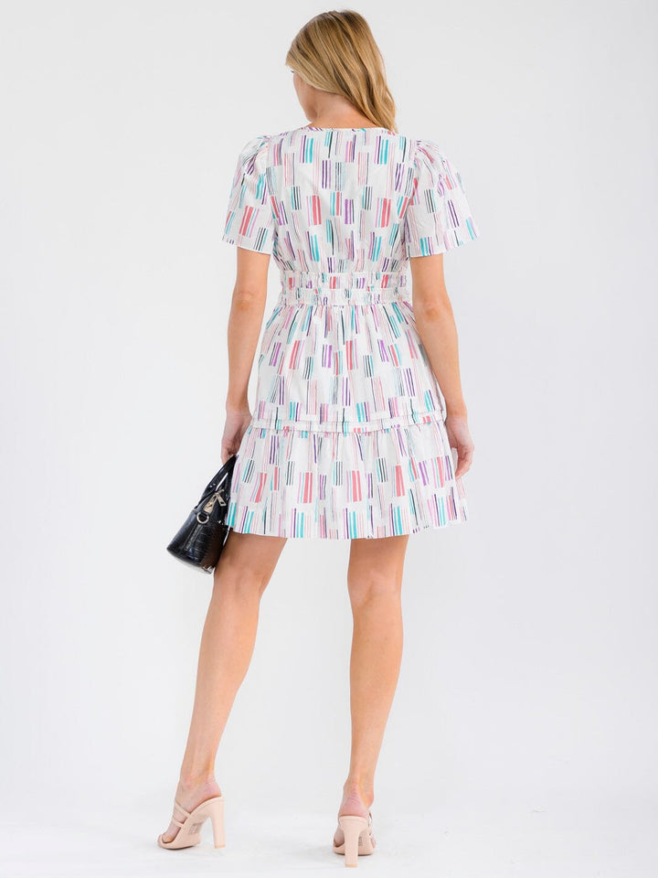 WOMEN'S SHORT SLEEVE BUTTON CLOSURE ELASTIC WAIST PRINT MINI DRESS