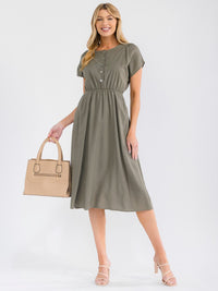 WOMEN'S SHORT SLEEVE BUTTON UP ELASTIC WAIST LINEN MIDI DRESS