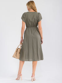 WOMEN'S SHORT SLEEVE BUTTON UP ELASTIC WAIST LINEN MIDI DRESS