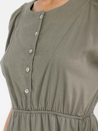 WOMEN'S SHORT SLEEVE BUTTON UP ELASTIC WAIST LINEN MIDI DRESS
