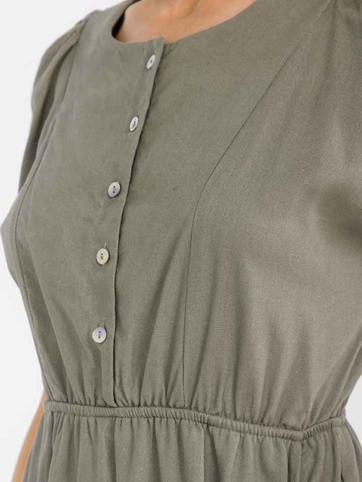 WOMEN'S SHORT SLEEVE BUTTON UP ELASTIC WAIST LINEN MIDI DRESS