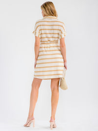 WOMEN'S SHORT SLEEVE BUTTON UP FRONT POCKETS ELASTIC WAIST KNIT STRIPES MINI DRESS