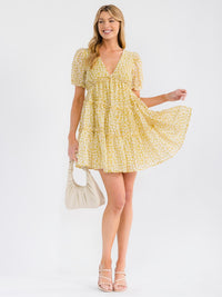 WOMEN'S SHORT PUFF SLEEVE V-NECK POCKETS TIERED FLORAL PRINT MINI DRESS