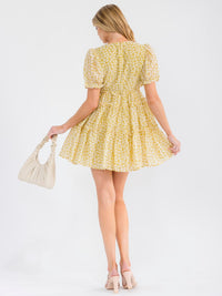 WOMEN'S SHORT PUFF SLEEVE V-NECK POCKETS TIERED FLORAL PRINT MINI DRESS